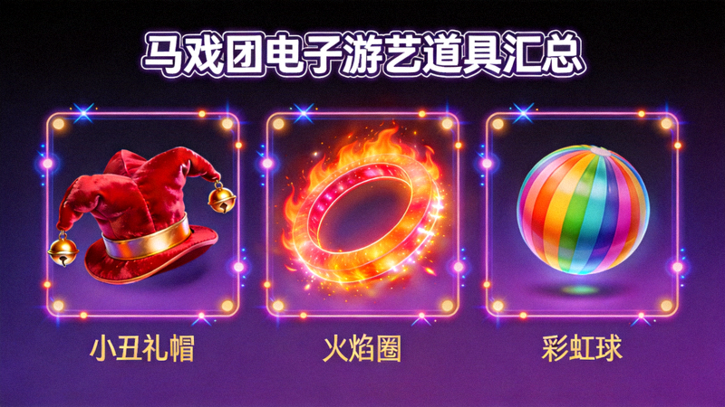 马戏团电子游艺各种道具视觉汇总图，包括小丑礼帽、火焰圈、彩虹球等