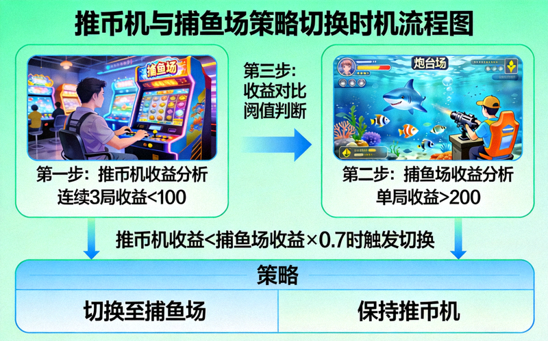 实战场景应用流程图，展示推币机与捕鱼场之间的策略切换时机